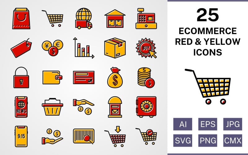 Download Набор иконок "25 Ecommerce Filled Red And Yellow Icon Set" / 25 Ecommerce Filled Red And Yellow Icon Set - Набор иконок на тему shopping set,file,icon,icons,red,vector,sign,symbol,pictogram,yellow,filled,ecommerce,buy,security,tag,vault,add to cart,payment,basket,cheque