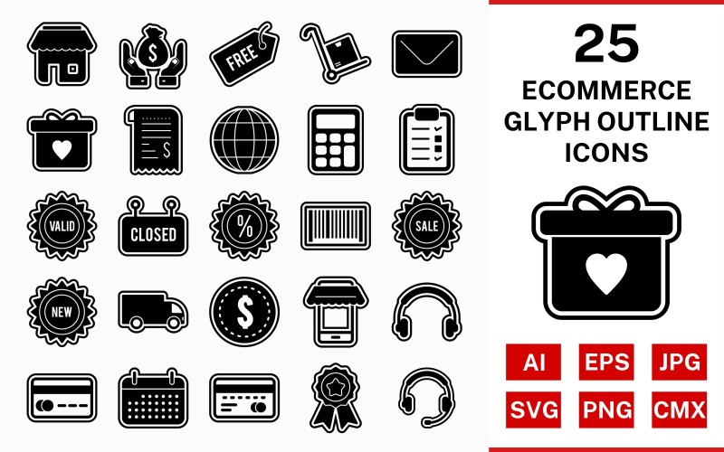Download Набор иконок "25 Ecommerce Glyph Outline Icon Set" / 25 Ecommerce Glyph Outline Icon Set - Набор иконок на тему shopping set,file,icon,icons,outline,vector,sign,symbol,pictogram,glyph,ecommerce,envelope,saving,trolley,new,sale,atm,shop,discount