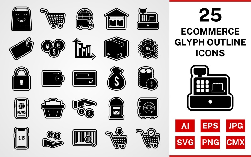 Download Набор иконок "25 Ecommerce Glyph Outline Icon Set" / 25 Ecommerce Glyph Outline Icon Set - Набор иконок на тему shopping set,file,icon,icons,outline,vector,sign,symbol,pictogram,glyph,ecommerce,buy,security,tag,vault,add to cart,payment,basket,cheque