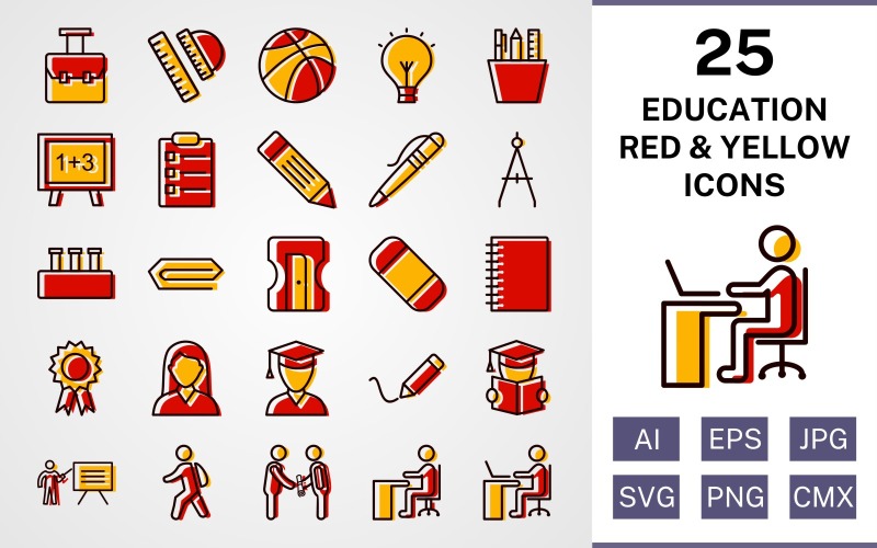 Download Набор иконок "25 Education Filled Red And Yellow Icon Set" / 25 Education Filled Red And Yellow Icon Set - Набор иконок на тему science set,file,icon,icons,red,vector,sign,symbol,pictogram,yellow,filled,education,bag,writing,teaching,reading,pen,pin,degree,compass