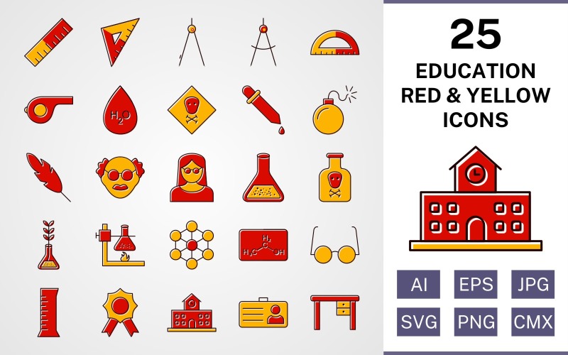 Download Набор иконок "25 Education Filled Red And Yellow Icon Set" / 25 Education Filled Red And Yellow Icon Set - Набор иконок на тему science set,file,icon,icons,red,vector,sign,symbol,pictogram,yellow,filled,education,toxic,scale,school,award,chemicals,beaker,divider,compass