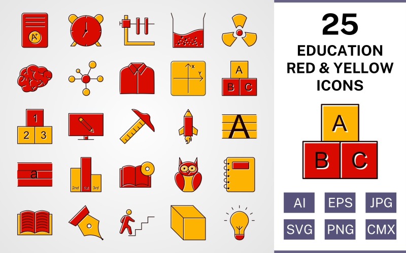 Download Набор иконок "25 Education Filled Red And Yellow Icon Set" / 25 Education Filled Red And Yellow Icon Set - Набор иконок на тему science set,file,icon,icons,red,vector,sign,symbol,pictogram,yellow,filled,education,brain,cube,book dvd,open book,electron,alarm,notepad,radiation