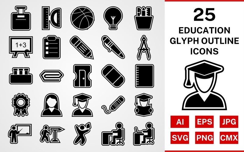 Download Набор иконок "25 Education Glyph Outline Icon Set" / 25 Education Glyph Outline Icon Set - Набор иконок на тему science set,file,icon,icons,outline,vector,sign,symbol,pictogram,glyph,education,bag,writing,teaching,reading,pen,pin,degree,compass,mathematics