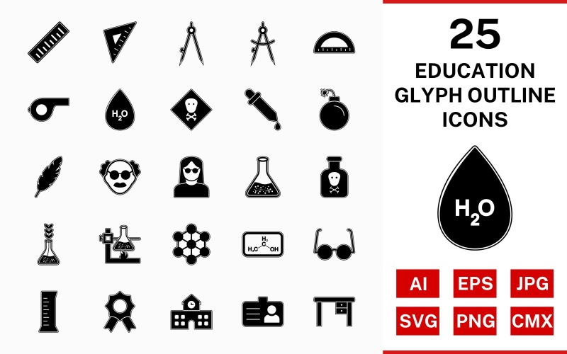 Download Набор иконок "25 Education Glyph Outline Icon Set" / 25 Education Glyph Outline Icon Set - Набор иконок на тему science set,file,icon,icons,outline,vector,sign,symbol,pictogram,glyph,education,toxic,scale,school,award,chemicals,beaker,divider,compass