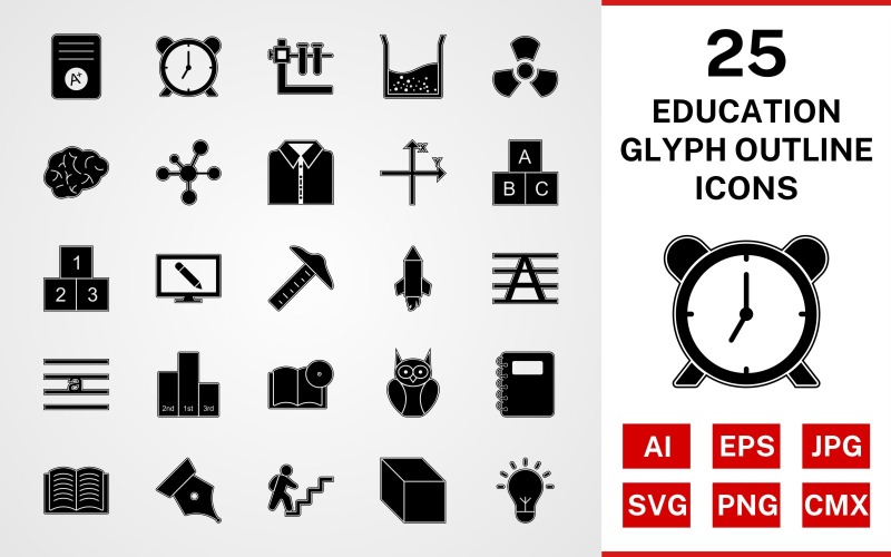 Download Набор иконок "25 Education Glyph Outline Icon Set" / 25 Education Glyph Outline Icon Set - Набор иконок на тему science set,file,icon,icons,outline,vector,sign,symbol,pictogram,glyph,education,brain,cube,book dvd,open book,electron,alarm,notepad,radiation