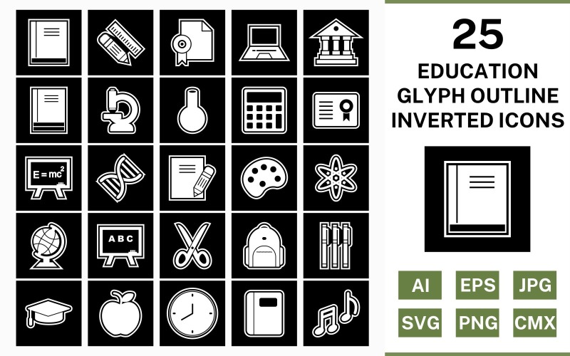 Download Набор иконок "25 Education Glyph Outline Inverted Icon Set" / 25 Education Glyph Outline Inverted Icon Set - Набор иконок на тему science set,file,icon,icons,outline,vector,sign,symbol,pictogram,glyph,inverted,education,books,bagpack,notebook,flask,microscope,notes,markers,calculator