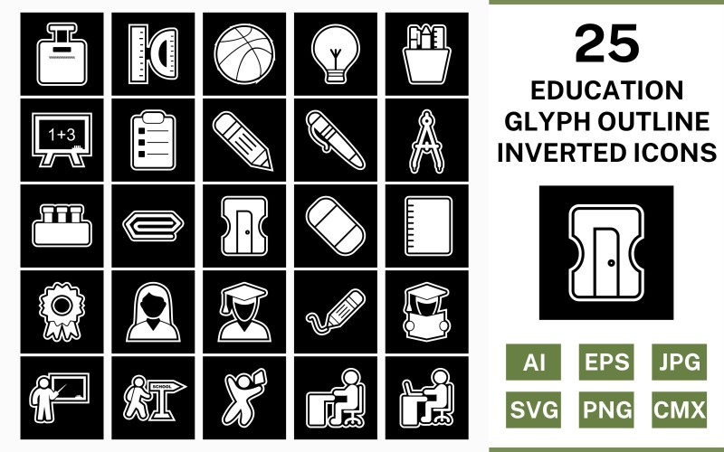 Download Набор иконок "25 Education Glyph Outline Inverted Icon Set" / 25 Education Glyph Outline Inverted Icon Set - Набор иконок на тему science set,file,icon,icons,outline,vector,sign,symbol,pictogram,glyph,inverted,education,bag,writing,teaching,reading,pen,pin,degree,compass