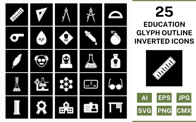 Download Набор иконок "25 Education Glyph Outline Inverted Icon Set" / 25 Education Glyph Outline Inverted Icon Set - Набор иконок на тему science set,file,icon,icons,outline,vector,sign,symbol,pictogram,glyph,inverted,education,toxic,scale,school,award,chemicals,beaker,divider,compass