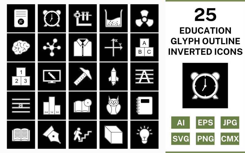 Download Набор иконок "25 Education Glyph Outline Inverted Icon Set" / 25 Education Glyph Outline Inverted Icon Set - Набор иконок на тему science set,file,icon,icons,outline,vector,sign,symbol,pictogram,glyph,inverted,education,brain,cube,book dvd,open book,electron,alarm,notepad,radiation