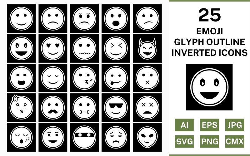 Download Набор иконок "25 Emoji Glyph Outline Inverted Icon Set" / 25 Emoji Glyph Outline Inverted Icon Set - Набор иконок на тему social media set,file,icon,icons,outline,vector,sign,symbol,pictogram,glyph,inverted,emoji,happy,sad,lol,alien,kiss,wink,nervous,calm