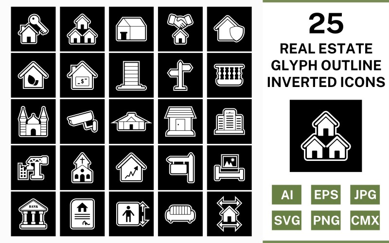 25 Ensemble d'icônes inversé contour glyphe immobilier