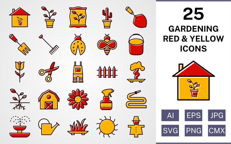 Download Набор иконок "25 Gardening Filled Red And Yellow Icon Set" / 25 Gardening Filled Red And Yellow Icon Set - Набор иконок на тему nature set,file,icon,icons,red,vector,sign,symbol,pictogram,yellow,filled,gardening,sprout,pail,hose,barn,root,grass,watercan,trowel