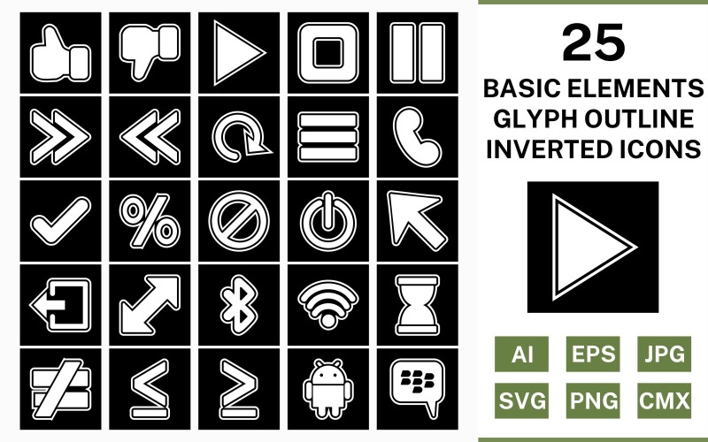 25 Grundelemente Glyph Outline Inverted Icon Set