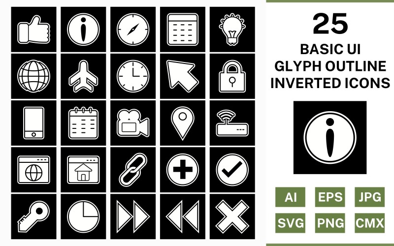 25 Grundläggande ui Glyph Outline Inverterad Ikonuppsättning