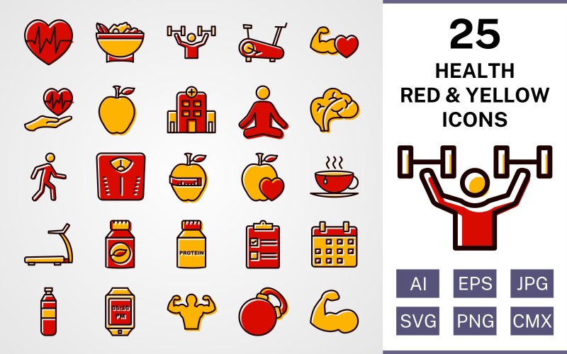Download Набор иконок "25 Health Filled Red And Yellow Icon Set" / 25 Health Filled Red And Yellow Icon Set - Набор иконок на тему food set,file,icon,icons,red,vector,sign,symbol,pictogram,yellow,filled,health,yoga,salad,heart beat,walking,body,hospital,apple,healthy food