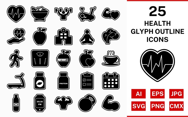 Download Набор иконок "25 Health Glyph Outline Icon Set" / 25 Health Glyph Outline Icon Set - Набор иконок на тему food set,file,icon,icons,outline,vector,sign,symbol,pictogram,glyph,health,yoga,salad,heart beat,walking,body,hospital,apple,healthy food