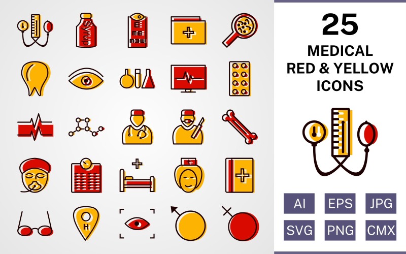 Download Набор иконок "25 Medical Filled Red And Yellow Icon Set" / 25 Medical Filled Red And Yellow Icon Set - Набор иконок на тему medical set,file,icon,icons,red,vector,sign,symbol,pictogram,yellow,filled,medical,doctor,nurse,bed,scan,eye test,bp apparatus,bone,tablets
