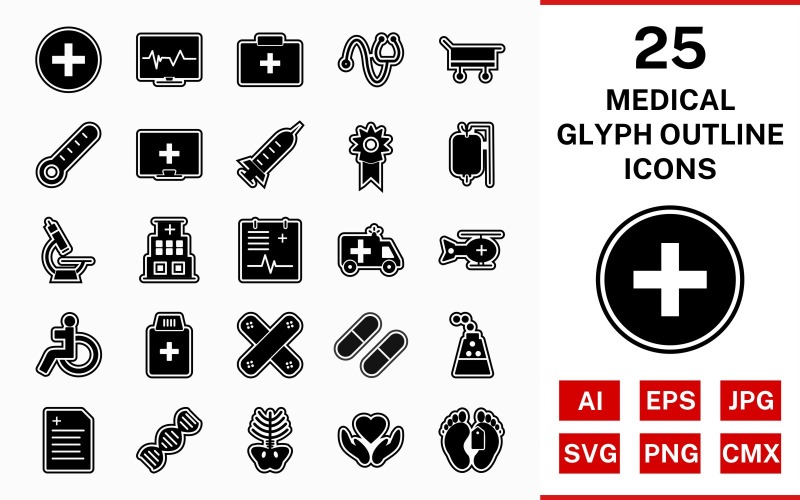 Download Набор иконок "25 Medical Glyph Outline Icon Set" / 25 Medical Glyph Outline Icon Set - Набор иконок на тему medical set,file,icon,icons,outline,vector,sign,symbol,pictogram,glyph,medical,drip,xray,dna,report,toe tag,medicines,hospital,injection,ambulance