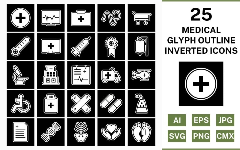 Download Набор иконок "25 Medical Glyph Outline Inverted Icon Set" / 25 Medical Glyph Outline Inverted Icon Set - Набор иконок на тему medical set,file,icon,icons,outline,vector,sign,symbol,pictogram,glyph,inverted,medical,drip,xray,dna,report,toe tag,medicines,hospital,injection