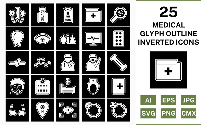 Download Набор иконок "25 Medical Glyph Outline Inverted Icon Set" / 25 Medical Glyph Outline Inverted Icon Set - Набор иконок на тему medical set,file,icon,icons,outline,vector,sign,symbol,pictogram,glyph,inverted,medical,doctor,nurse,bed,scan,eye test,bp apparatus,bone,tablets