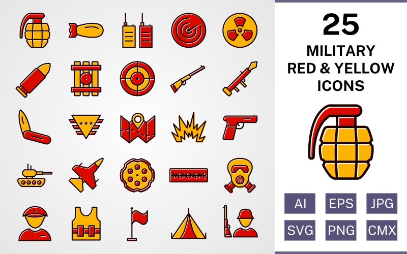 25 militärfyllda röda och gula ikonuppsättningar