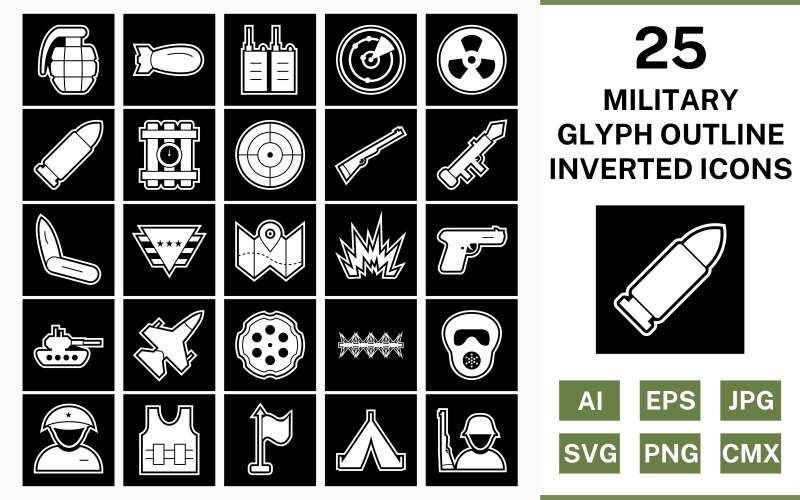 Download Набор иконок "25 Military Glyph Outline Inverted Icon Set" / 25 Military Glyph Outline Inverted Icon Set - Набор иконок на тему military set,file,icon,icons,outline,vector,sign,symbol,pictogram,glyph,inverted,military,bullet,target,grenade,jet,tent,gun,blast,radar