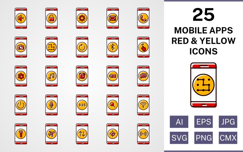 Download Набор иконок "25 Mobile Apps Filled Red And Yellow Icon Set" / 25 Mobile Apps Filled Red And Yellow Icon Set - Набор иконок на тему music set,file,icon,icons,red,vector,sign,symbol,pictogram,yellow,filled,mobile apps,power off,music,camera,call,lock,silent,alarm,hotspot