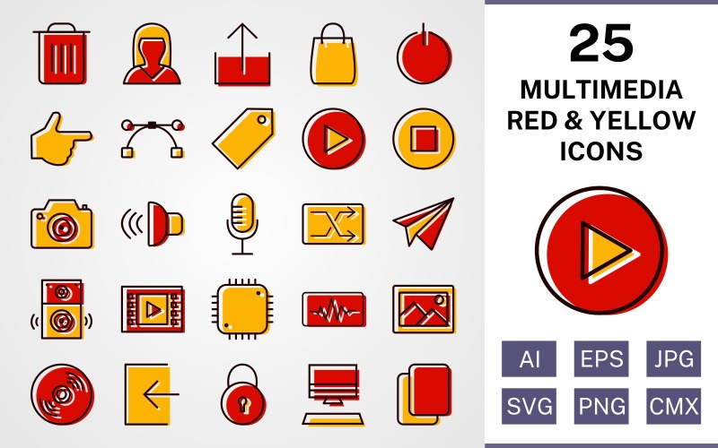 Download Набор иконок "25 Multimedia Filled Red And Yellow Icon Set" / 25 Multimedia Filled Red And Yellow Icon Set - Набор иконок на тему data set,file,icon,icons,red,vector,sign,symbol,pictogram,yellow,filled,multimedia,logout,copy,shuffle,play,stop,upload,speaker,sign in