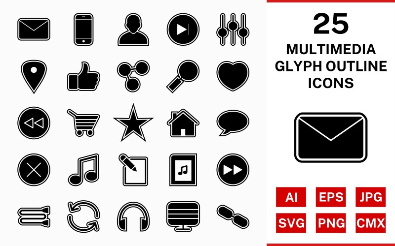 Download Набор иконок "25 Multimedia Glyph Outline Icon Set" / 25 Multimedia Glyph Outline Icon Set - Набор иконок на тему data set,file,icon,icons,outline,vector,sign,symbol,pictogram,glyph,multimedia,next,avatar,heart,back,link,monitor,like,envelope
