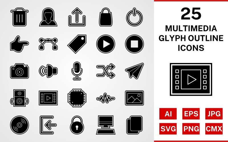 Download Набор иконок "25 Multimedia Glyph Outline Icon Set" / 25 Multimedia Glyph Outline Icon Set - Набор иконок на тему data set,file,icon,icons,outline,vector,sign,symbol,pictogram,glyph,multimedia,logout,copy,shuffle,play,stop,upload,speaker,sign in