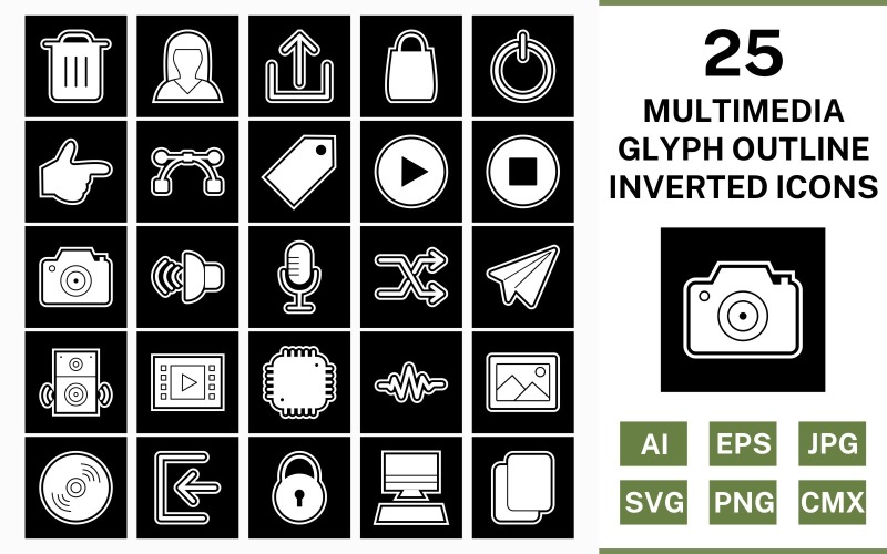 Download Набор иконок "25 Multimedia Glyph Outline Inverted Icon Set" / 25 Multimedia Glyph Outline Inverted Icon Set - Набор иконок на тему data set,file,icon,icons,outline,vector,sign,symbol,pictogram,glyph,inverted,multimedia,logout,copy,shuffle,play,stop,upload,speaker,sign in