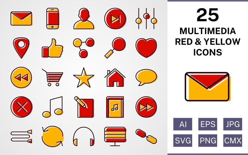25 multimediálních ikon červené a žluté