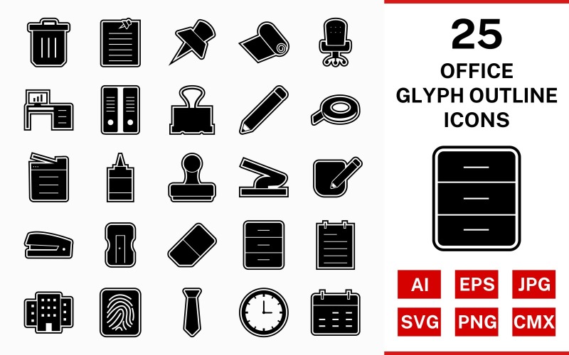 Download Набор иконок "25 Office Glyph Outline Icon Set" / 25 Office Glyph Outline Icon Set - Набор иконок на тему business set,file,icon,icons,outline,vector,sign,symbol,pictogram,glyph,office,notepad,clock,tie,stamp,office chair,office table,post it,trash