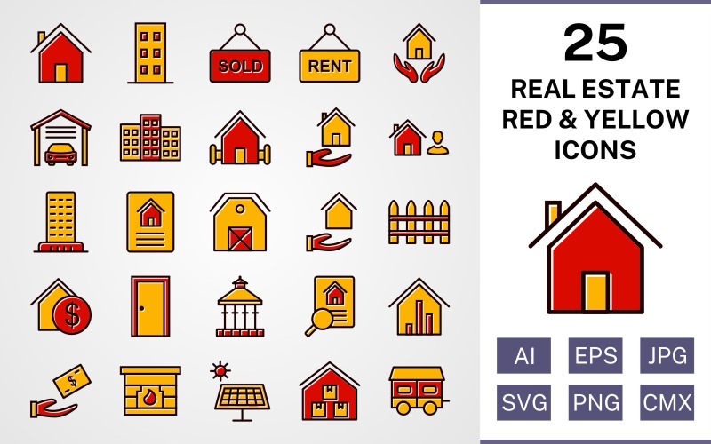 Download Набор иконок "25 Real Estate Filled Red And Yellow Icon Set" / 25 Real Estate Filled Red And Yellow Icon Set - Набор иконок на тему city set,file,icon,icons,red,vector,sign,symbol,pictogram,yellow,filled,real estate,house,garage,building,farm house,loan,agent,flat,mortgage