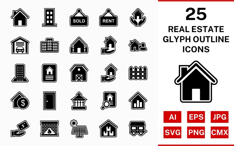 Download Набор иконок "25 Real Estate Glyph Outline Icon Set" / 25 Real Estate Glyph Outline Icon Set - Набор иконок на тему city set,file,icon,icons,outline,vector,sign,symbol,pictogram,glyph,real estate,house,garage,building,farm house,loan,agent,flat,mortgage