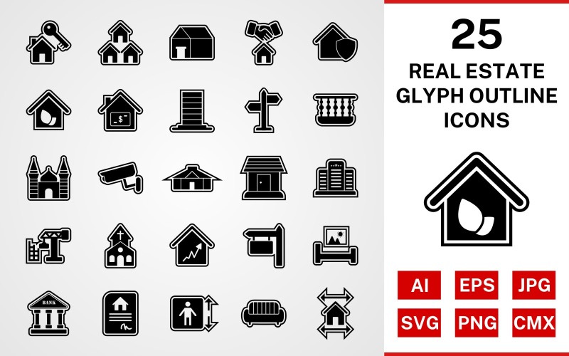 Download Набор иконок "25 Real Estate Glyph Outline Icon Set" / 25 Real Estate Glyph Outline Icon Set - Набор иконок на тему city set,file,icon,icons,outline,vector,sign,symbol,pictogram,glyph,real estate,mosque,church,balcony,mansion,eco house,lift,yurt,bank