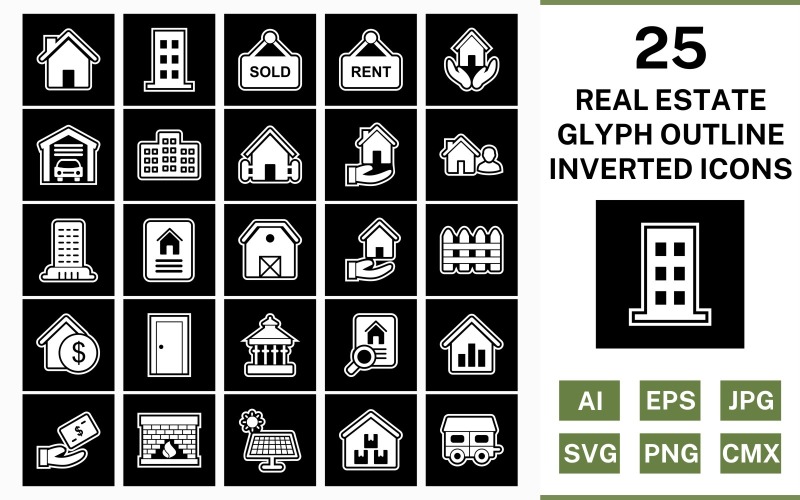 Download Набор иконок "25 Real Estate Glyph Outline Inverted Icon Set" / 25 Real Estate Glyph Outline Inverted Icon Set - Набор иконок на тему city set,file,icon,icons,outline,vector,sign,symbol,pictogram,glyph,inverted,real estate,house,garage,building,farm house,loan,agent,flat,mortgage