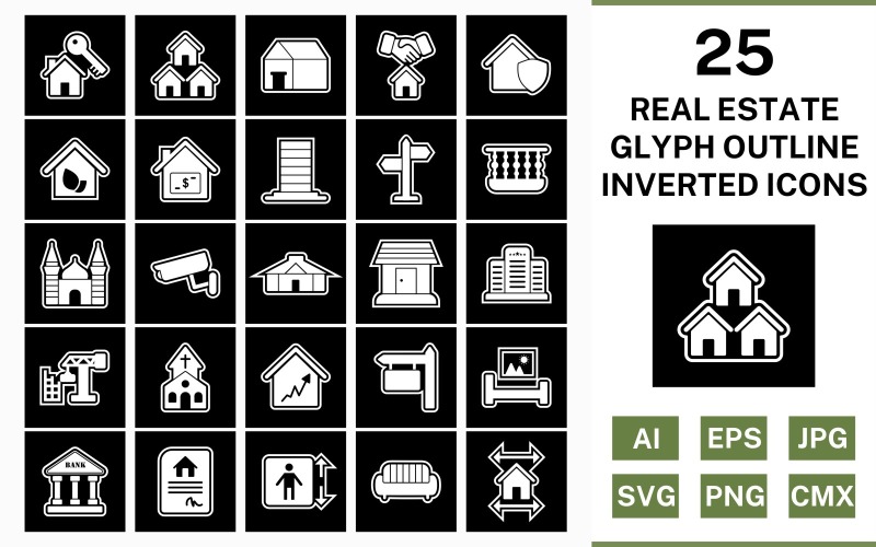 Download Набор иконок "25 Real Estate Glyph Outline Inverted Icon Set" / 25 Real Estate Glyph Outline Inverted Icon Set - Набор иконок на тему city set,file,icon,icons,outline,vector,sign,symbol,pictogram,glyph,inverted,real estate,mosque,church,balcony,mansion,eco house,lift,yurt,bank