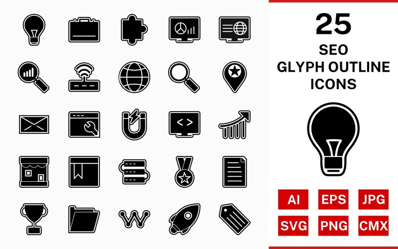 Download Набор иконок "25 Seo Glyph Outline Icon Set" / 25 Seo Glyph Outline Icon Set - Набор иконок на тему business set,file,icon,icons,outline,vector,sign,symbol,pictogram,glyph,seo,bulb,search,web,launch,award,servers,webpage,folder,email