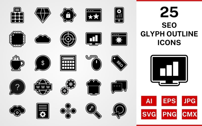 Download Набор иконок "25 Seo Glyph Outline Icon Set" / 25 Seo Glyph Outline Icon Set - Набор иконок на тему network set,file,icon,icons,outline,vector,sign,symbol,pictogram,glyph,seo,network,settings,stats,diamond,conversation,starred,target,processor,web search