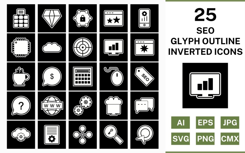Download Набор иконок "25 Seo Glyph Outline Inverted Icon Set" / 25 Seo Glyph Outline Inverted Icon Set - Набор иконок на тему network set,file,icon,icons,outline,vector,sign,symbol,pictogram,glyph,inverted,seo,network,settings,stats,diamond,conversation,starred,target,processor