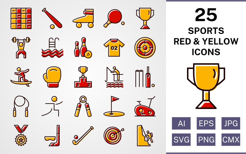25 sport en spel gevuld rood en geel pictogramserie