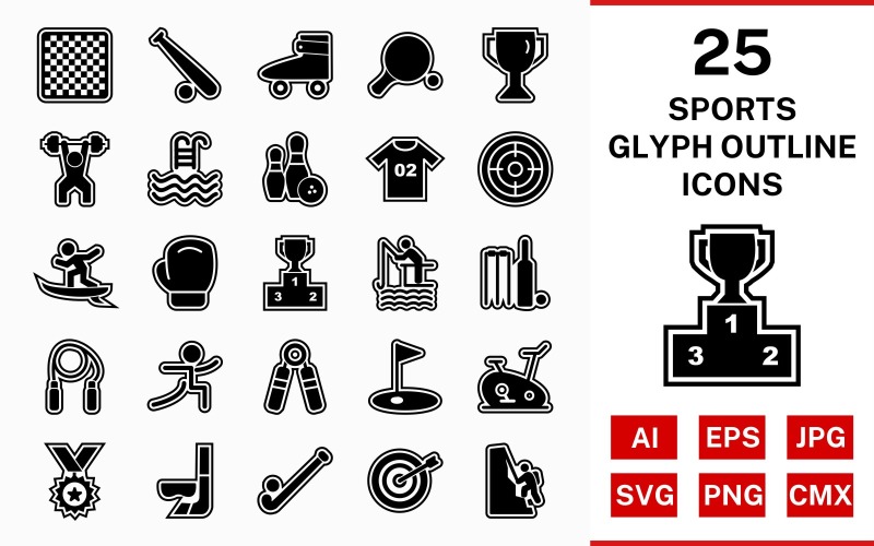 25 Sports And Games Glyph Outline Icon Set