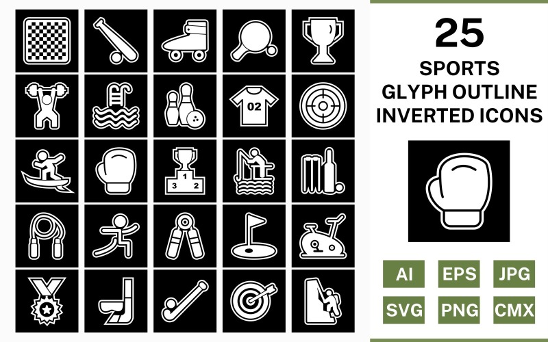 Download Набор иконок "25 Sports And Games Glyph Outline Inverted Icon Set" / 25 Sports And Games Glyph Outline Inverted Icon Set - Набор иконок на тему sports set,file,icon,icons,outline,vector,sign,symbol,pictogram,glyph,inverted,sports,games,chess,goal,yoga,bowling,boxing,bullseye,hockey