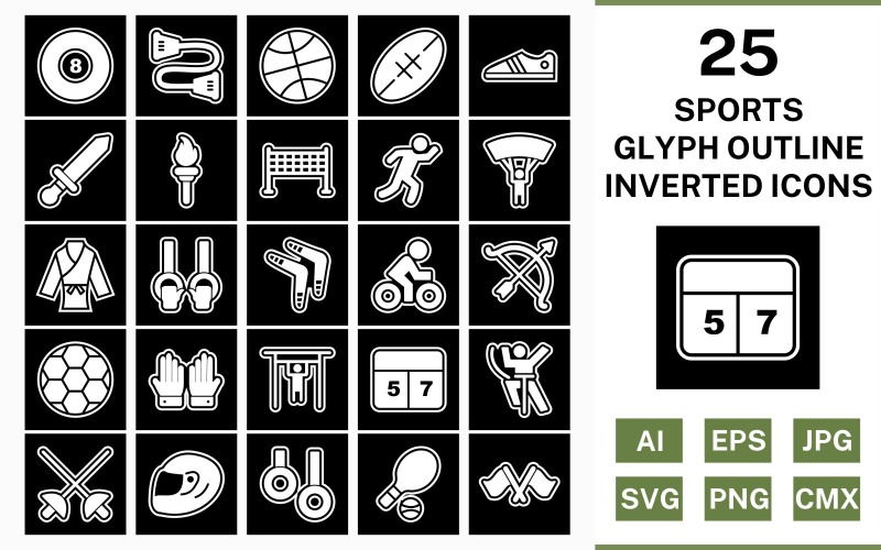 Download Набор иконок "25 Sports And Games Glyph Outline Inverted Icon Set" / 25 Sports And Games Glyph Outline Inverted Icon Set - Набор иконок на тему sports set,file,icon,icons,outline,vector,sign,symbol,pictogram,glyph,inverted,sports,games,karate,rugby,pool,runner,tennis,racing,bow
