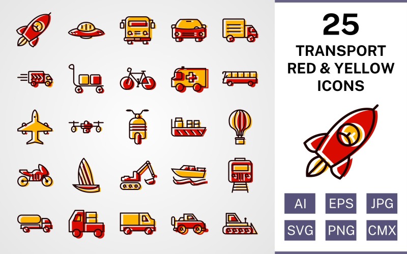 Download Набор иконок "25 Transport Filled Red And Yellow Icon Set" / 25 Transport Filled Red And Yellow Icon Set - Набор иконок на тему transport set,file,icon,icons,red,vector,sign,symbol,pictogram,yellow,filled,transport,car,bus,boat,van,carrier,jeep,airplane,scooter
