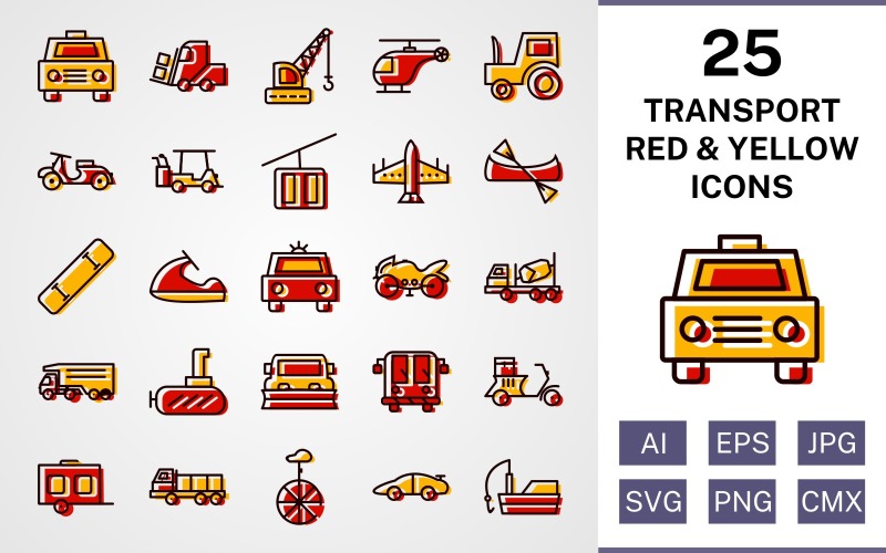 Download Набор иконок "25 Transport Filled Red And Yellow Icon Set" / 25 Transport Filled Red And Yellow Icon Set - Набор иконок на тему transport set,file,icon,icons,red,vector,sign,symbol,pictogram,yellow,filled,transport,taxi,wagon,dumper,submarine,golf cart,vespa,loader,fishing boat