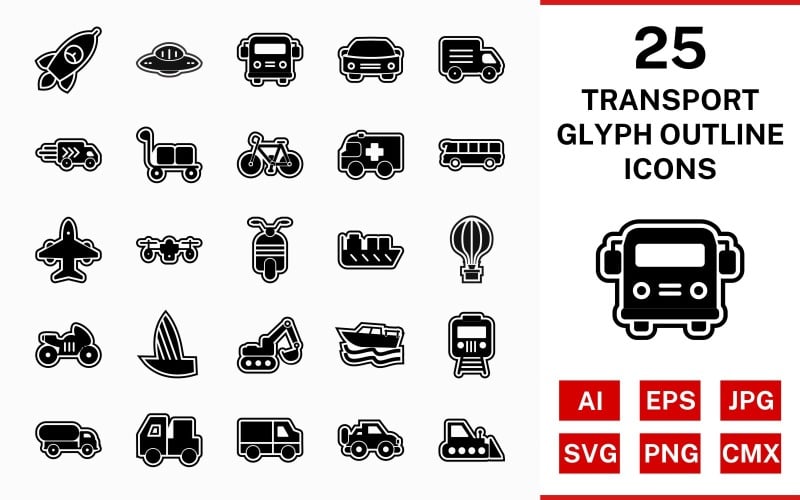 Download Набор иконок "25 Transport Glyph Outline Icon Set" / 25 Transport Glyph Outline Icon Set - Набор иконок на тему transport set,file,icon,icons,outline,vector,sign,symbol,pictogram,glyph,transport,car,bus,boat,van,carrier,jeep,airplane,scooter,drone