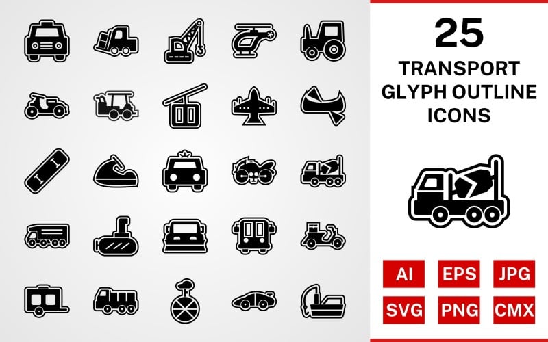 Download Набор иконок "25 Transport Glyph Outline Icon Set" / 25 Transport Glyph Outline Icon Set - Набор иконок на тему transport set,file,icon,icons,outline,vector,sign,symbol,pictogram,glyph,transport,taxi,wagon,dumper,submarine,golf cart,vespa,loader,fishing boat,jet ski