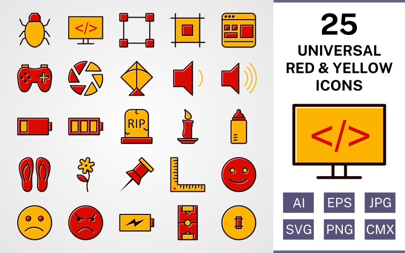 Download Набор иконок "25 Universal Filled Red And Yellow Icon Set" / 25 Universal Filled Red And Yellow Icon Set - Набор иконок на тему data set,file,icon,icons,red,vector,sign,symbol,pictogram,yellow,filled,universal,flower,kite,bug,shutter,layout,candle,grave,low battery